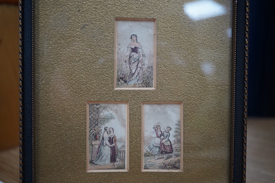 George Baxter, set of seven miniature colour prints to include portraits of Queen Victoria and Prince Albert, mounted and framed as two, each overall 21 x 15cm. Condition - fair